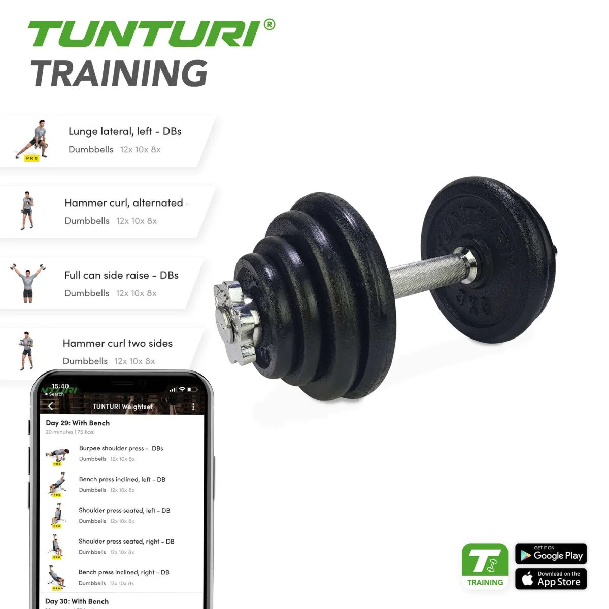 TUNTURI reguliuojamų hantelių rinkinys, 15 kg