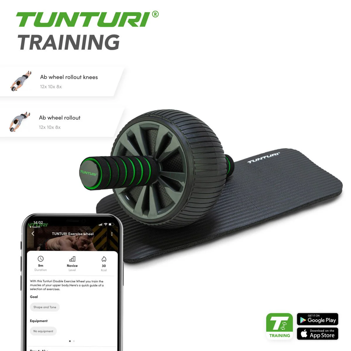 TUNTURI Pro Exercise Wheel Deluxe pilvo preso ratukas su kelių kilimėliu